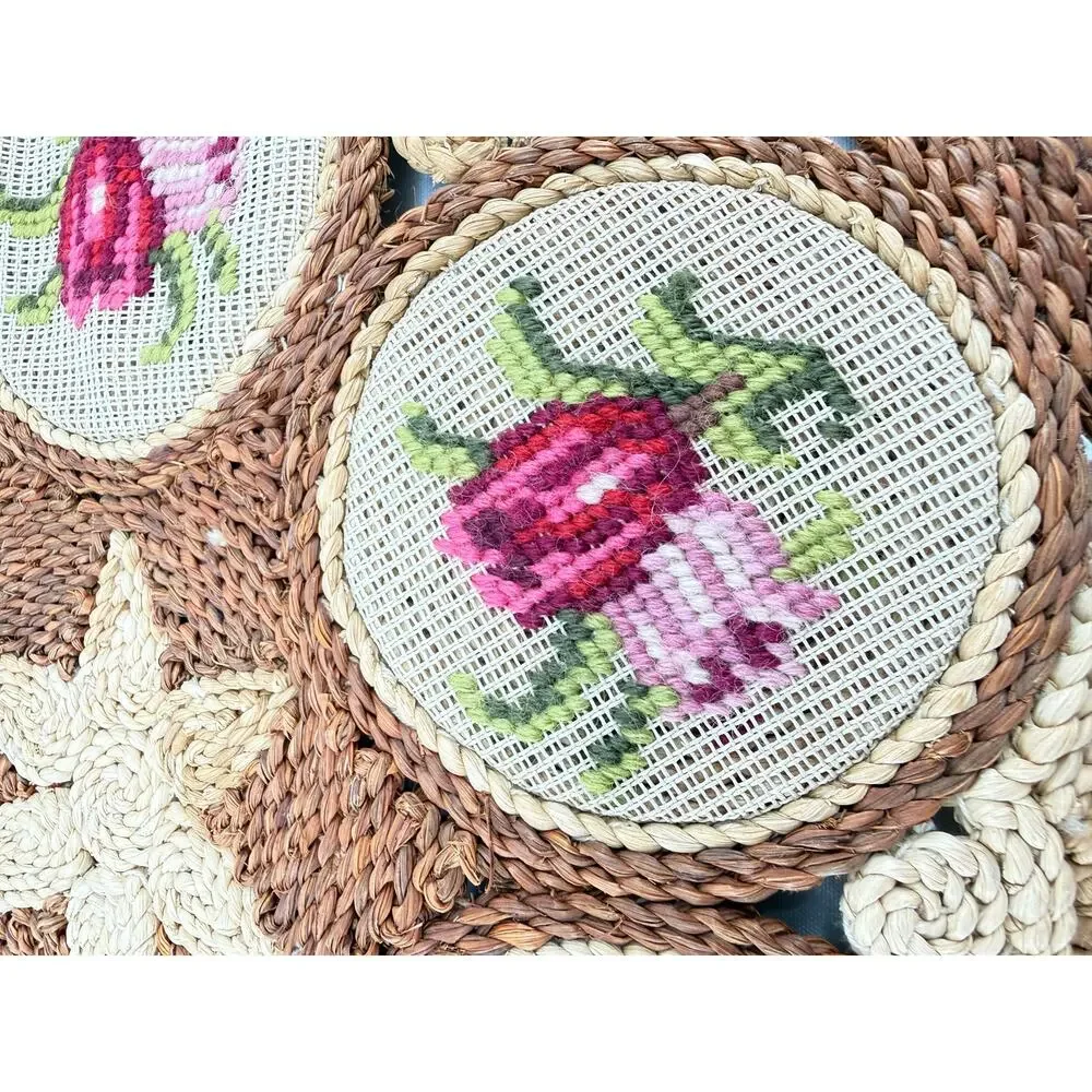 Vintage Rose Needlepoint Woven Round Placemat Natural Fiber Cottage Farmhouse